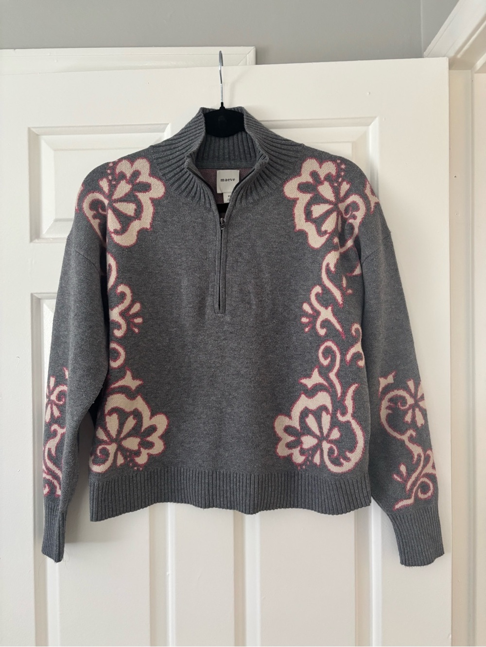 Maeve by Anthropologie Gray Floral Quarter Zip Sweater | XS | Cozy Knit Pullover - Picture 4 of 8